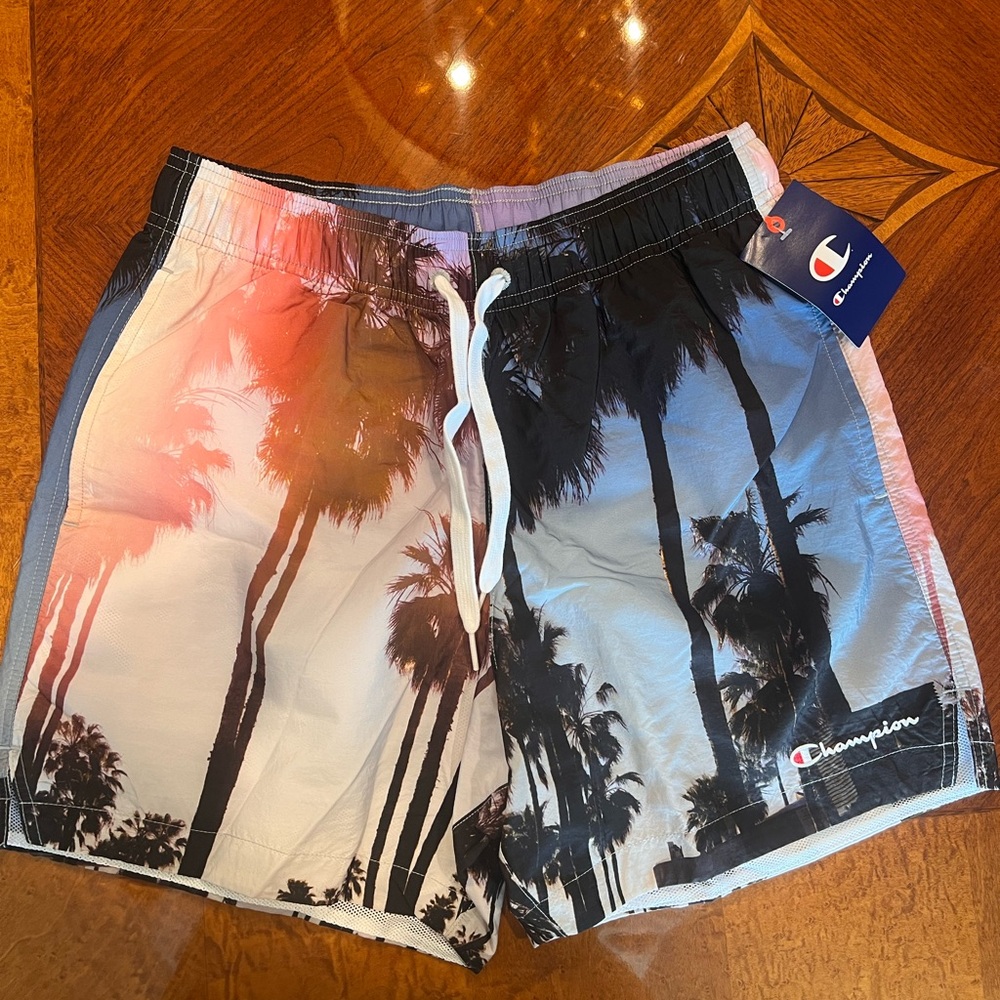 Champion Palm Tree Print Swim Trunks - Black and Pink